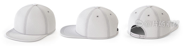 白色snap back模拟，空白帽子模板，孤立在白色背景上。